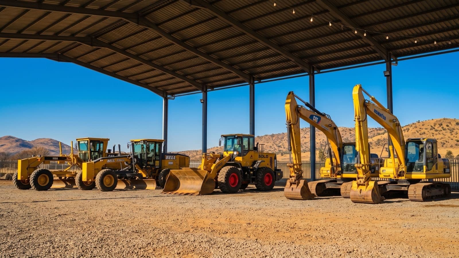 Graders, loaders and excavators lined up — yellow goods for auction