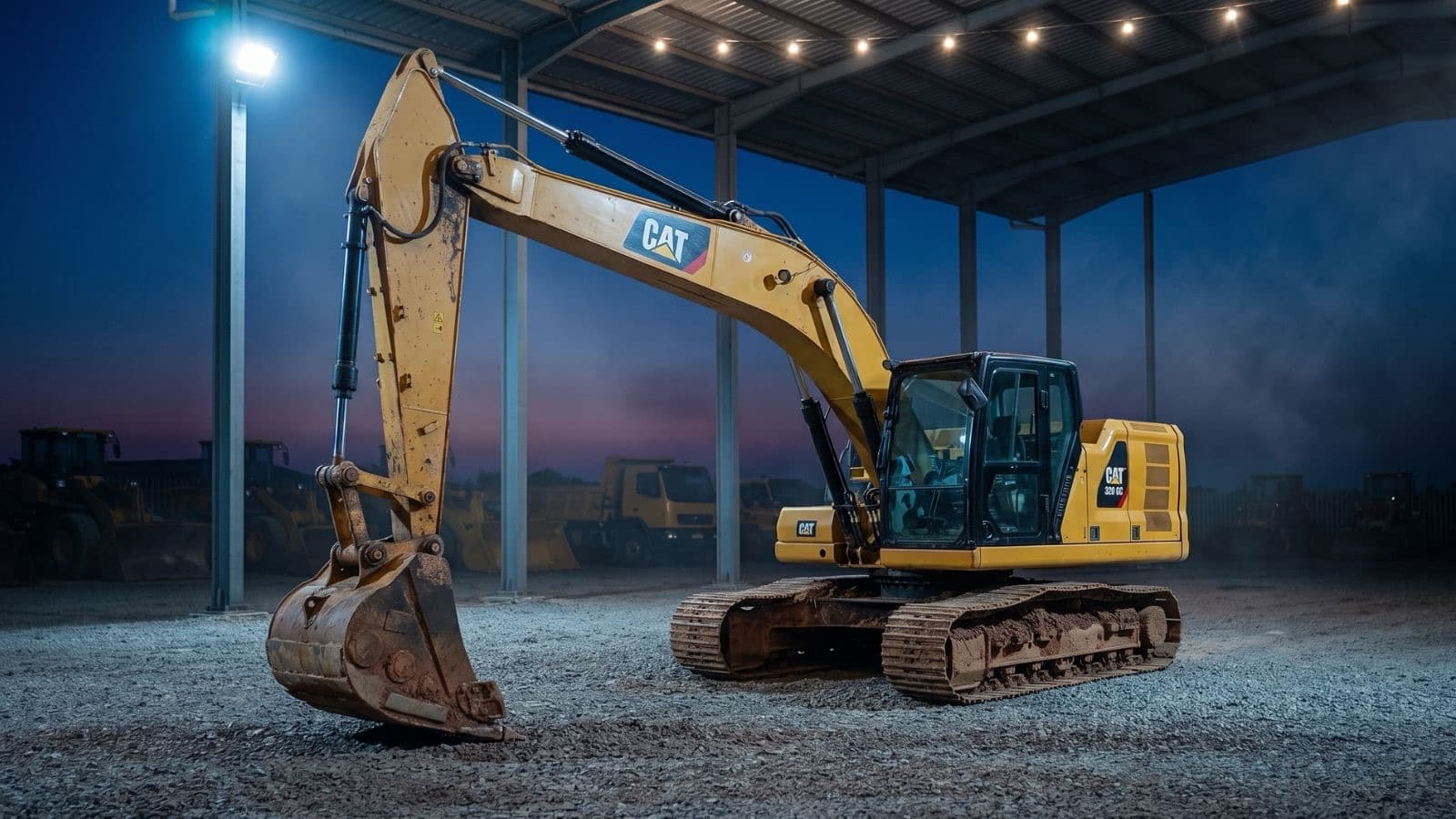 Caterpillar 320 excavator under lights, ready for auction